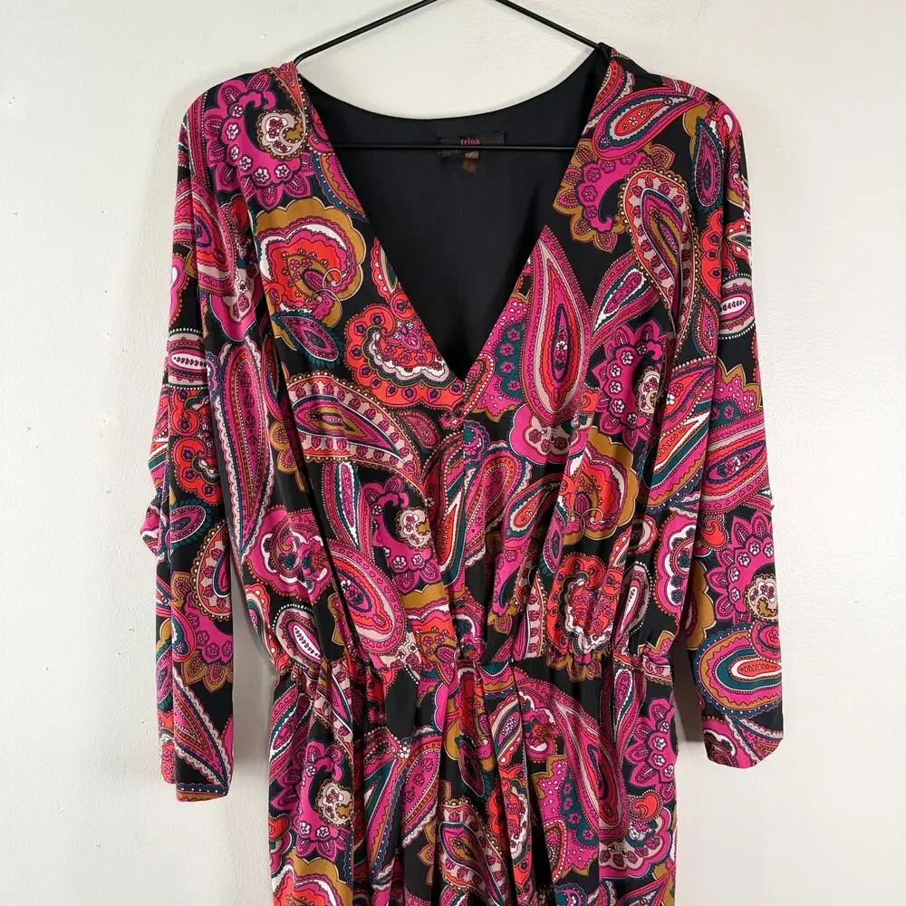 Trina Turk Jersey Dress Black Pink Paisley V-Neck Resortwear Vacay Short Size L - Picture 5 of 12